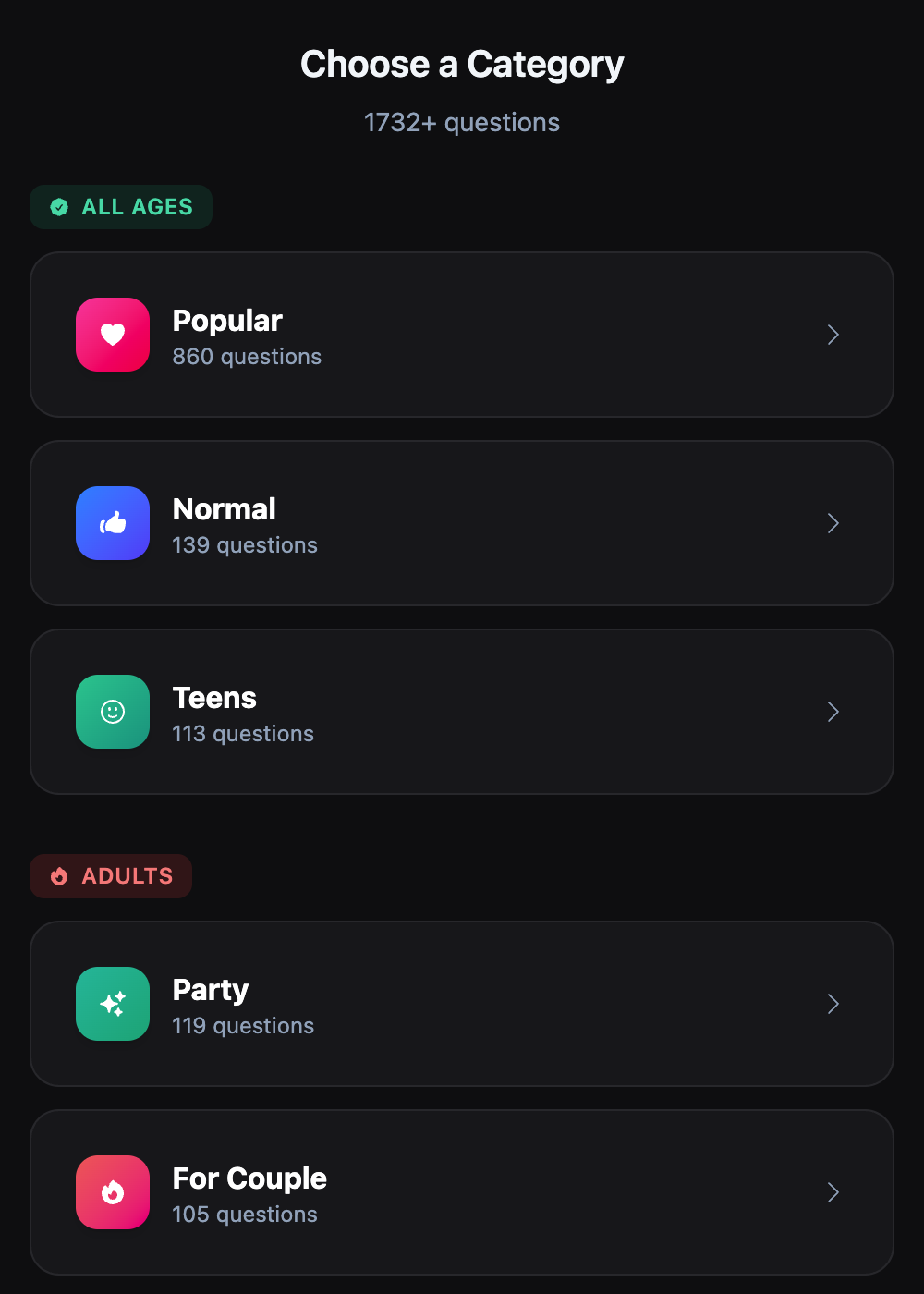 Never Have I Ever category picker on mobile - Popular, Normal, Teens, Party, and For Couple with live question counts and age badges