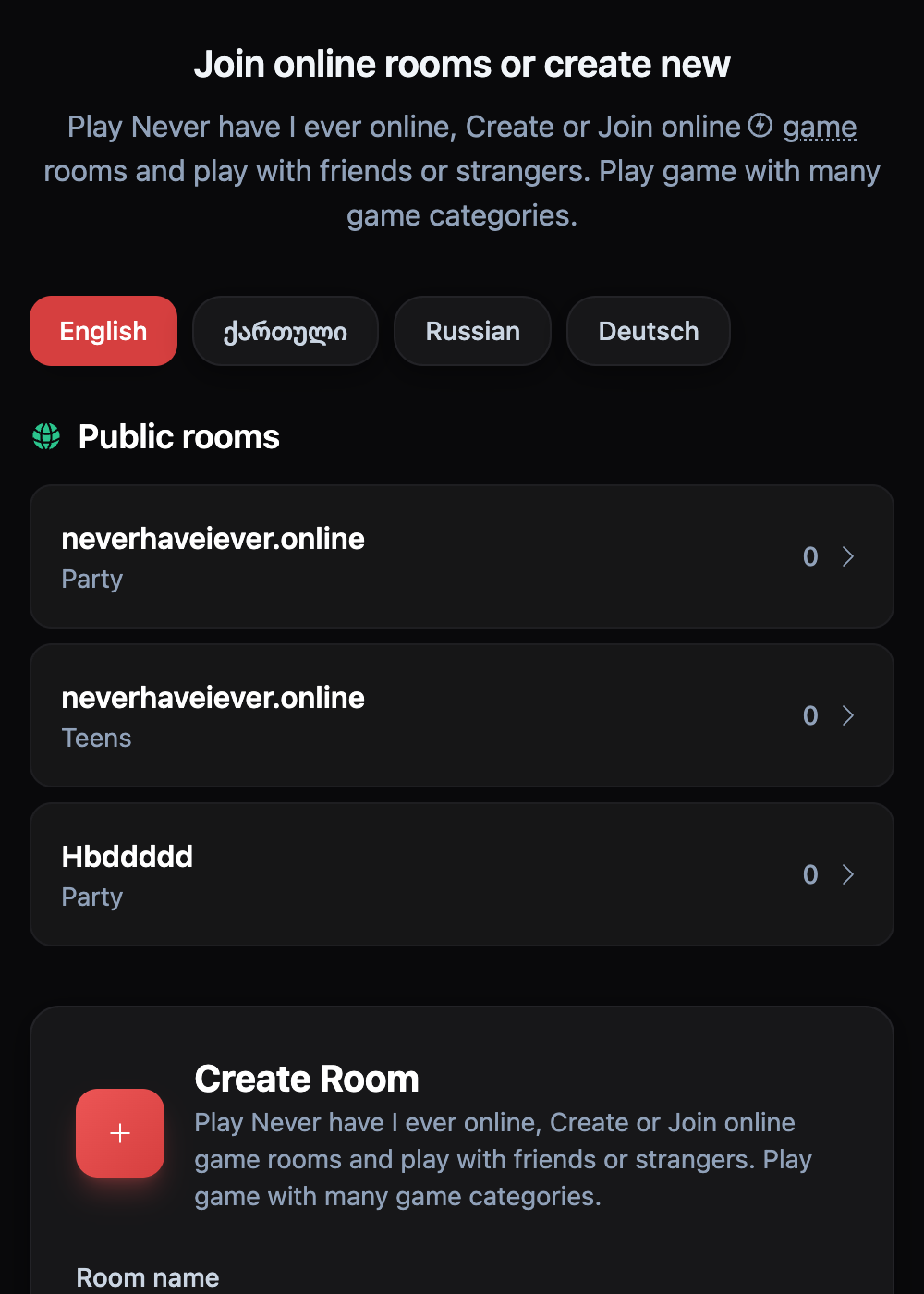 Never Have I Ever online rooms on mobile - public rooms list with language tabs and a Create Room form